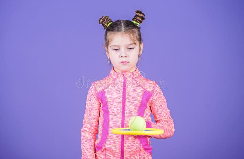 Little Baby Sporty Costume Play Tennis Game. Girl Cute Child Double Bun  Hairstyle Tennis Player. Active Games Stock Image - Image of child, active:  148952157