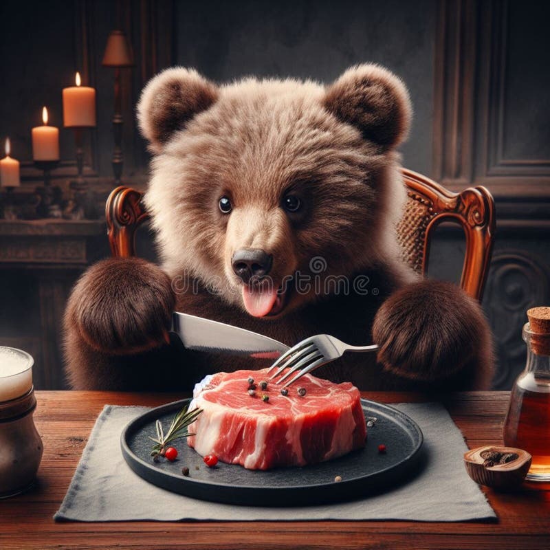 Little bear sits at the table and eats marbled beef steak with a knife and fork. High quality illustration. Bear badger stock images, royalty-free photos and pictures