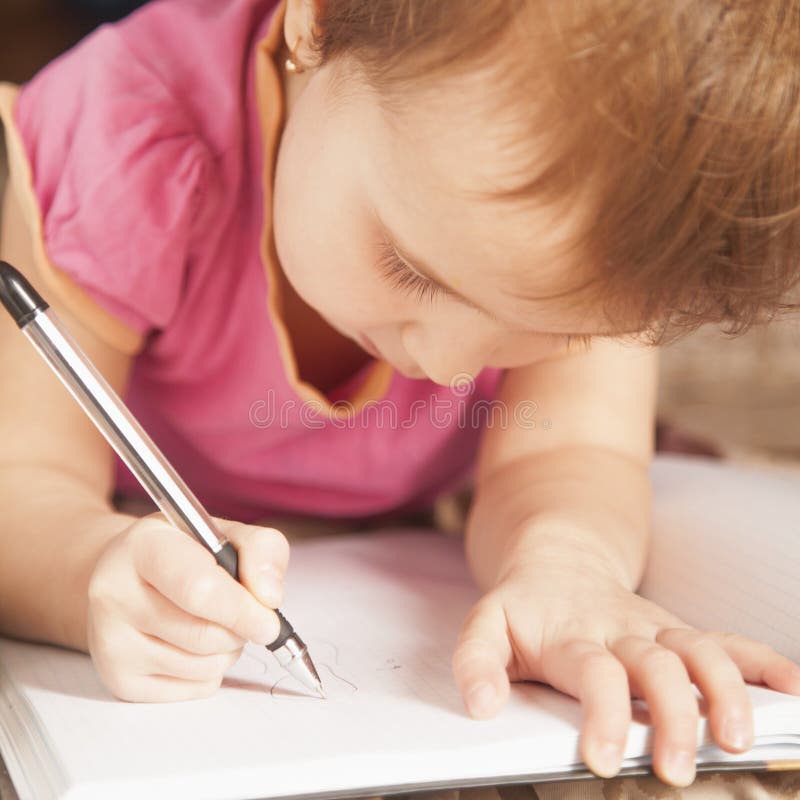 Little Beautiful Child Girl Writing A Letter. Education, Studie