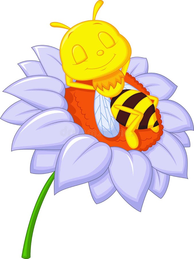 Little bee cartoon sleeping on the big flower