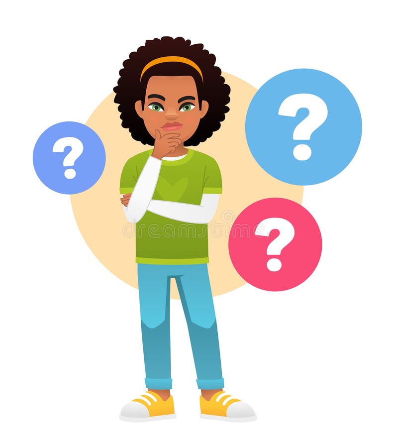 A little black African girl surrounded by question bubbles. The kid has a question. stock illustration