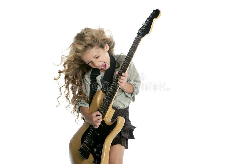 Little blond girl playing electric guitar