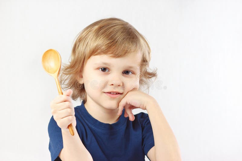 Little Blonde Boy Holding Wooden Spoon Stock Image Image of care