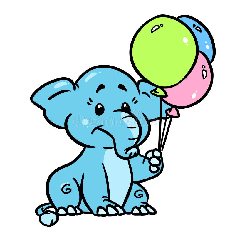 Little Blue Baby Elephant Balloons Character Postcard Illustration