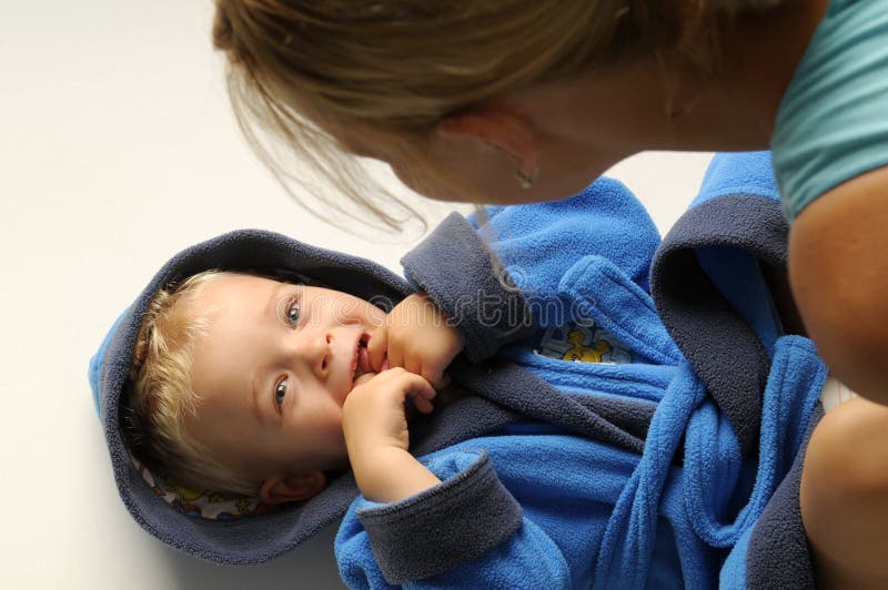 Little boy in bath robe stock image. Image of adorable 16928825