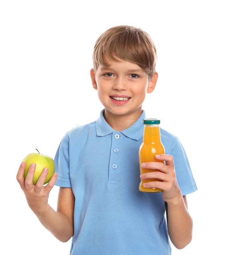 Little Boy with Bottle of Juice and Apple. Healthy Food for School ...