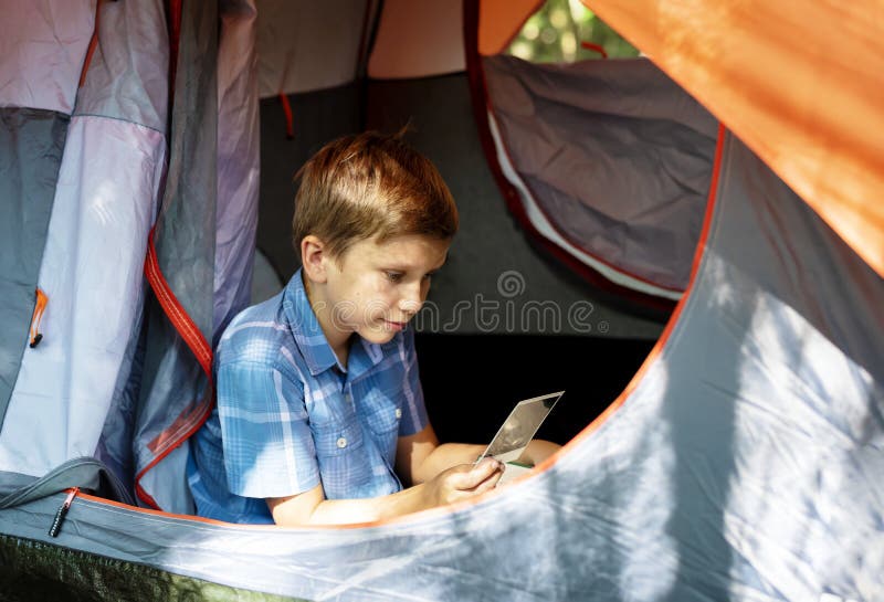 Little Boy Camping in the Forest Stock Photo Image of european