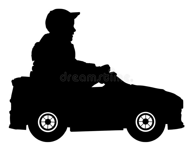 Little boy in a children`s electric car silhouette