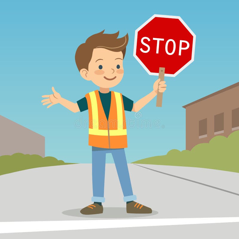 Little Boy In Crossing Guard Uniform In The Street Stock Vector