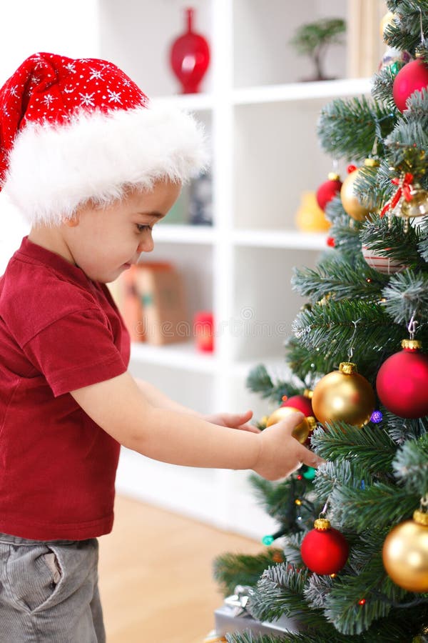 Little Boy Decorating Christmas Tree Stock Image Image of little