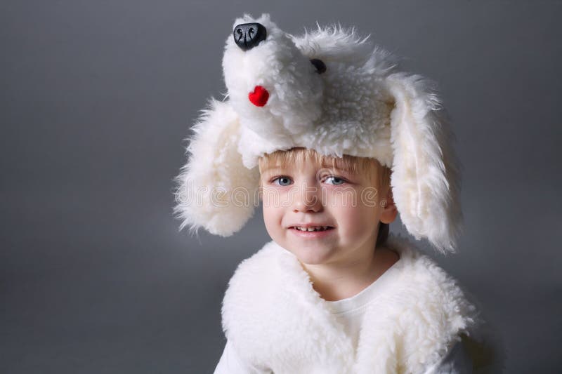 Little Boy with Dog Costume Stock Image Image of background