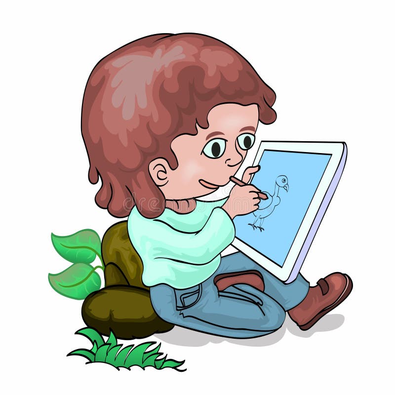 Little boy drawing with tablet PC