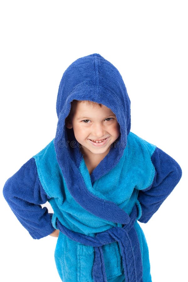Little Boy Dressing Blue Bathrobe, Smiling, Isolated on White Stock