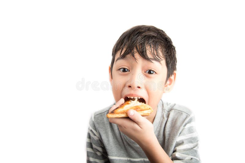 Little boy eating sandwich on white