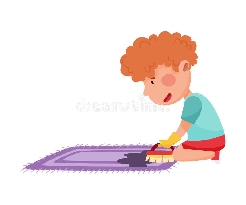 Little Boy Engaged in Housework Scrubbing Rug Vector Illustration