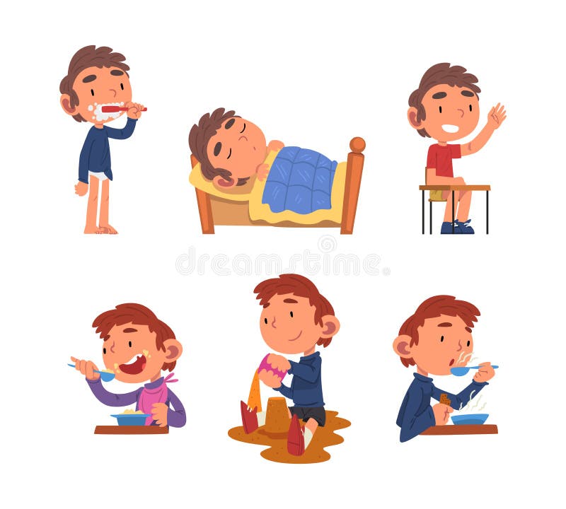 Little Boy Engaged in daily Routine Activity Vector Set Stock Vector ...