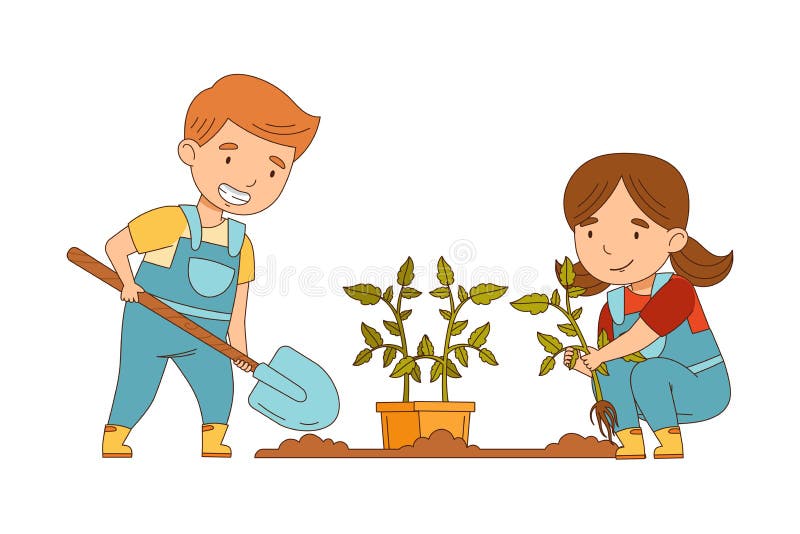 Little Boy and Girl in Overall Planting Seedling on Garden Bed Working ...