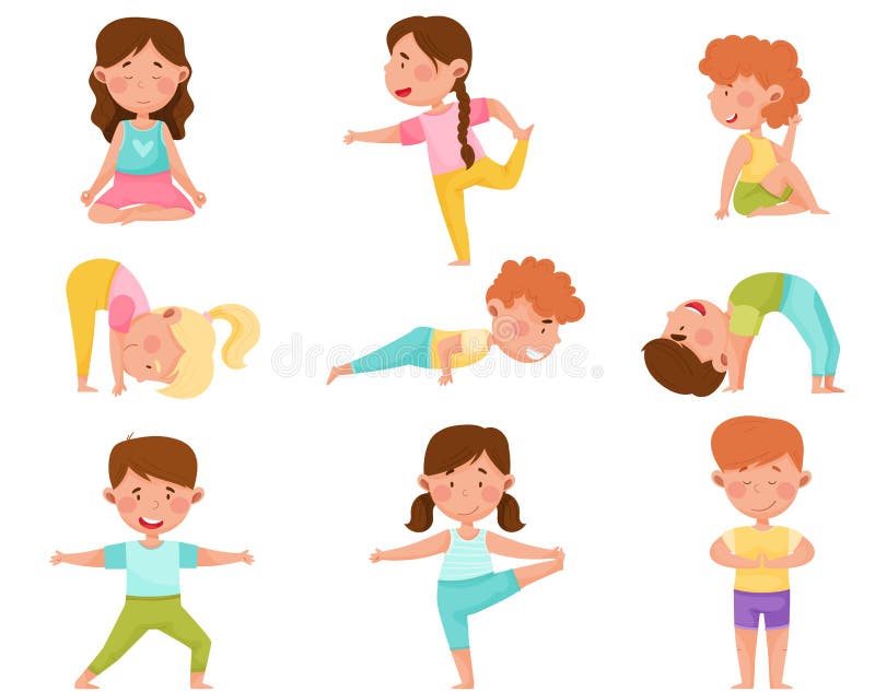 Little Boy and Girl Standing in Yoga Pose Breathing Deeply Vector ...