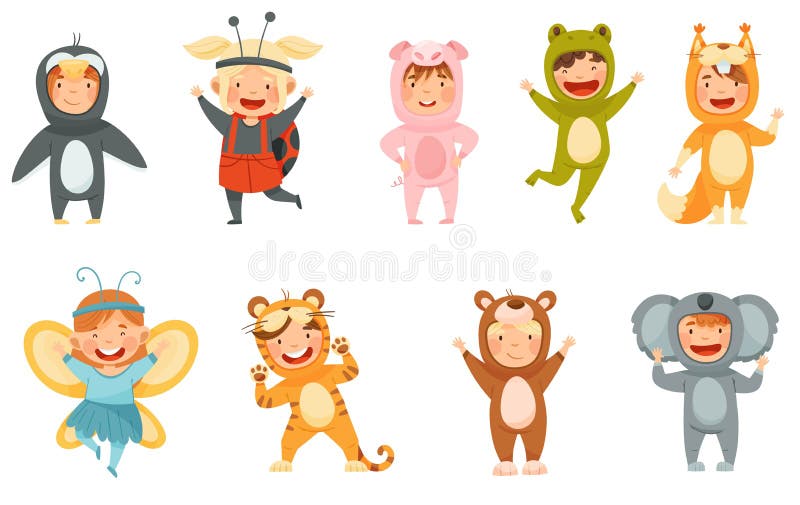 Little Boy and Girl Wearing Animal Costumes Waving Hand and Having Fun ...