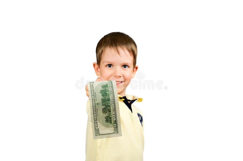 Little boy giving money bill 100 us dollars stock photos Little boy giving money bill 100 us dollars stock photos
