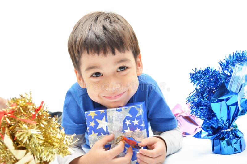 Little boy happy with new year gift