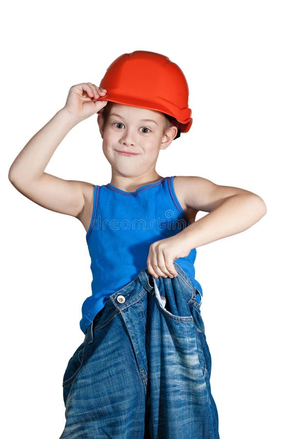 Little Boy with Hard Hat and in Too Big Jeans Stock Photo Image of