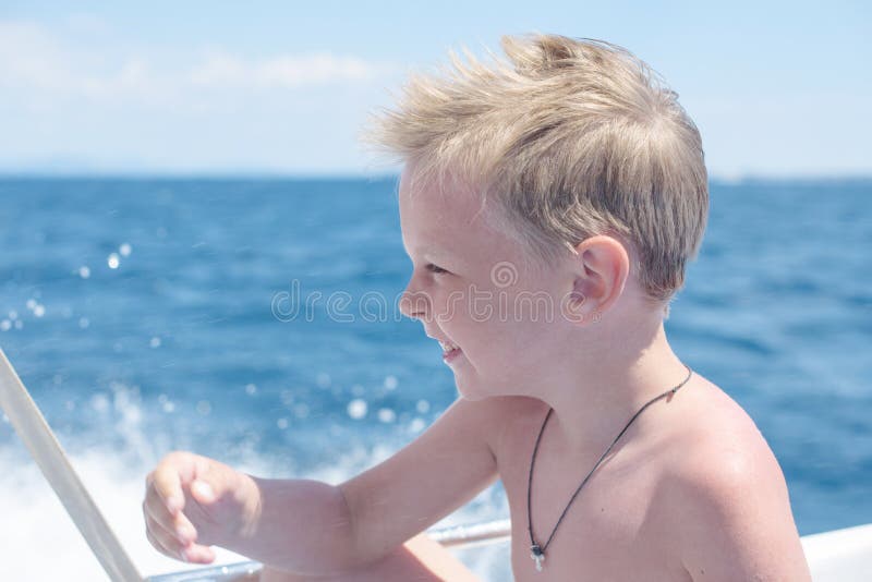 Little Boy Having Fun on Boat in the Sea Stock Image Image of child