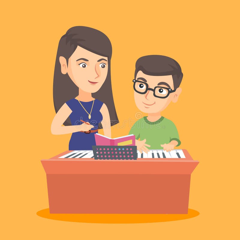 Little boy having a piano lesson with a teacher. stock illustration Little boy having a piano lesson with a teacher. stock illustration