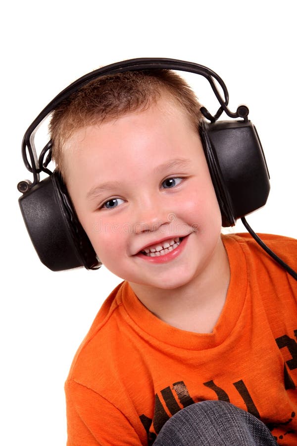 Cute Boy Enjoying Music Using Headphones Stock Image Image of audio