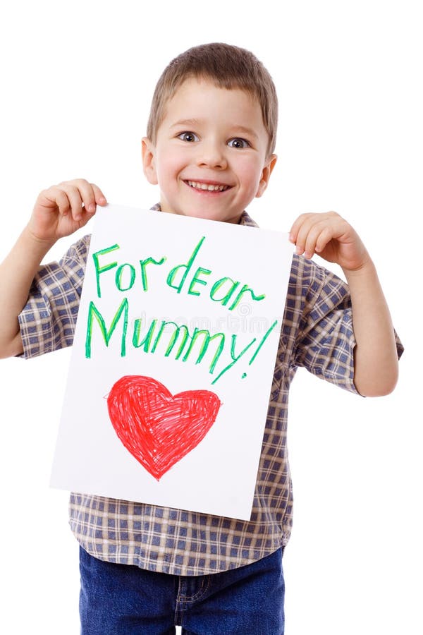 Little boy holding a drawing for mum