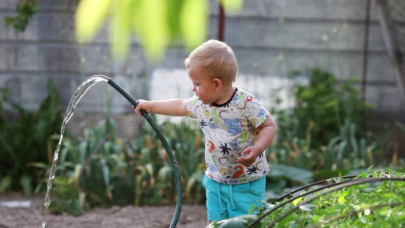 Little boy holds a hose in his hands, plays with water