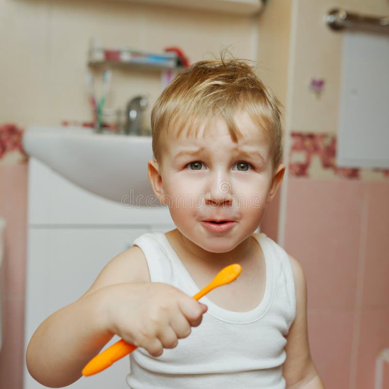 Little Boy Learns To Brush Teeth Stock Image Image of indoors, health 58125561