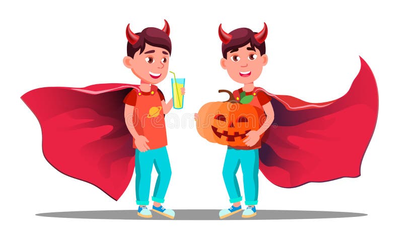 Little Boy met Duivelshoornen, Mantel en Holdingspompoen in Handenvector Halloween geïsoleerde illustratie vector illustratie Little Boy met Duivelshoornen, Mantel en Holdingspompoen in Handenvector Halloween geïsoleerde illustratie vector illustratie