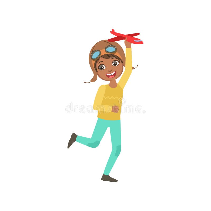 Little Boy no piloto Leather Outfit Playing do vintage que pilota o jogo plano que corre com Toy Airplane ilustração stock Little Boy no piloto Leather Outfit Playing do vintage que pilota o jogo plano que corre com Toy Airplane ilustração stock