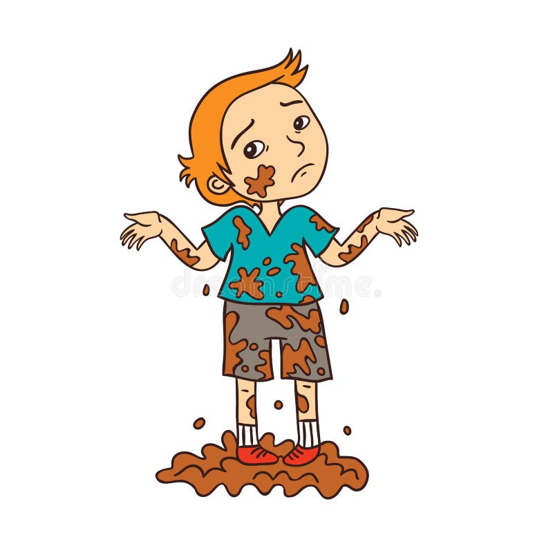 Little Boy Playing in Dirty mud Cartoon Illustration.