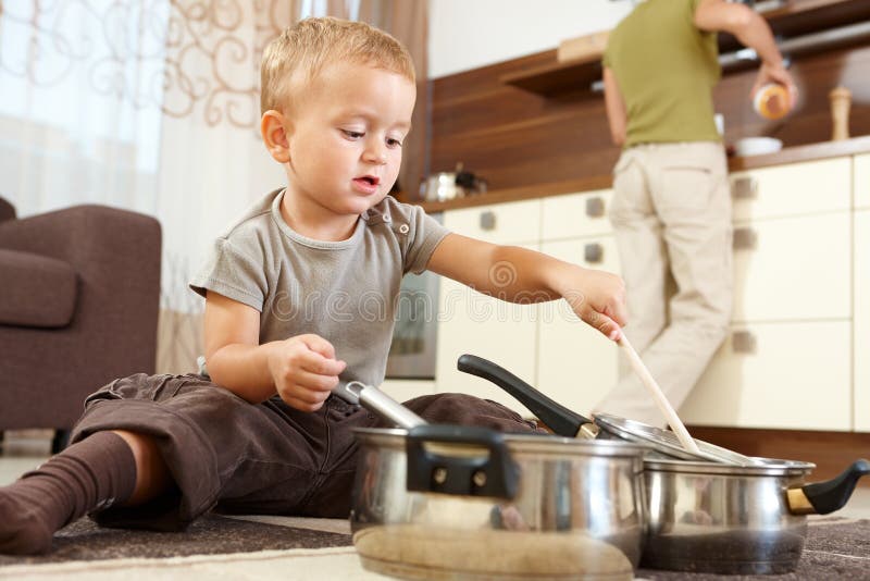 Little Boy Playing In Kitchen Stock Image Image of child, cuddly