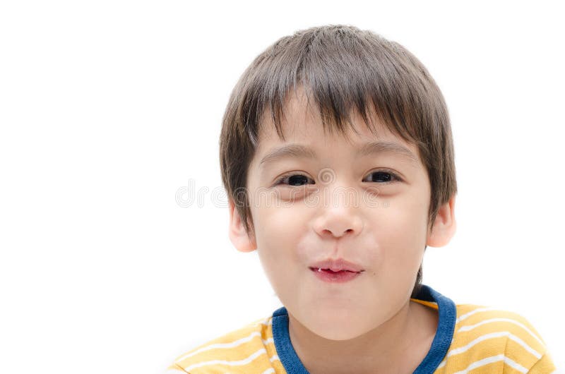 Little boy portrait close up face on white background