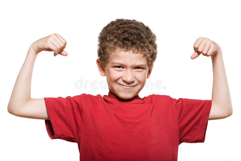 Little caucasian strong boy portrait flexing muscle biceps mischief isolated studio on white background. Little caucasian strong boy portrait flexing muscle biceps mischief isolated studio on white background