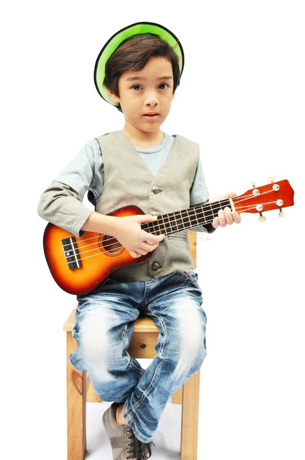 Little Boy Pretending A Musician With Ukulele Stock Image Image of