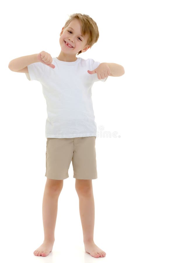 A Little Boy in a Pure White T-shirt Points His Fingers at Her. Stock ...