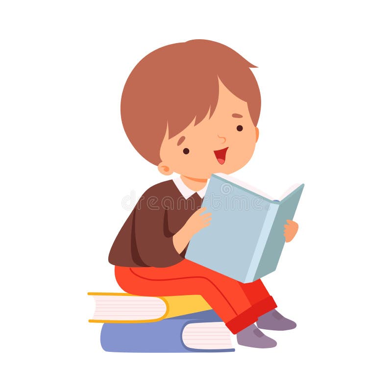 Little Boy Reading Book, Cute Kid Sitting on Pile of Books, Children ...