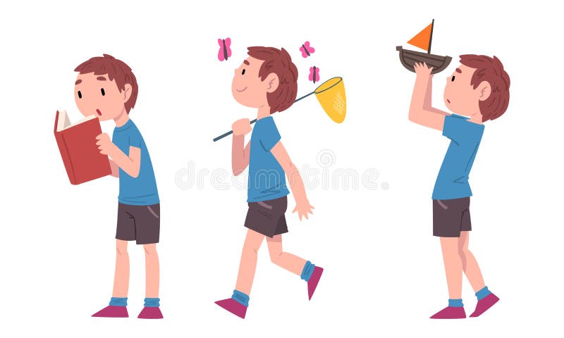 Little Boy Reading Book and Walking with Catching Net Vector Set Stock  Vector - Illustration of lifestyle, chasing: 237257668
