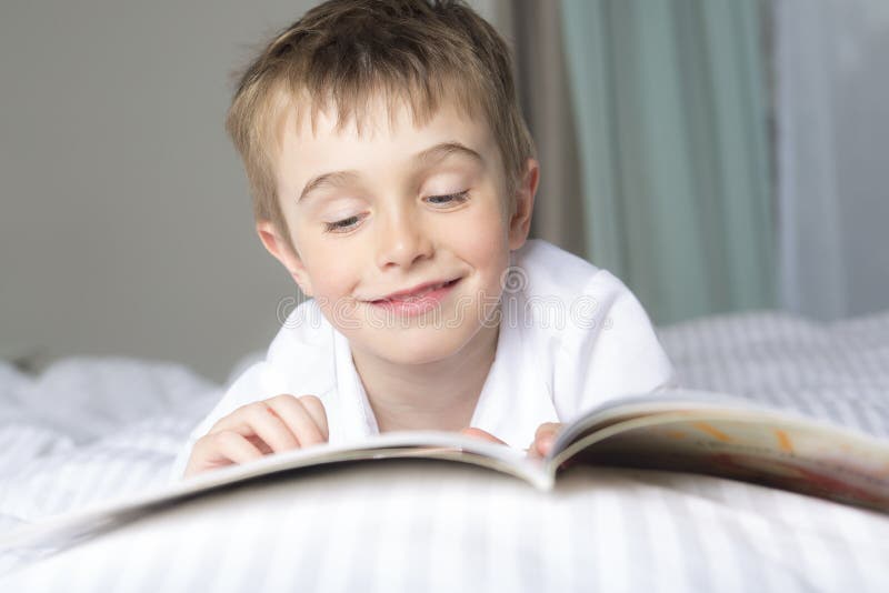 Little Boy Reading before Dream in His Bed Stock Image Image of read