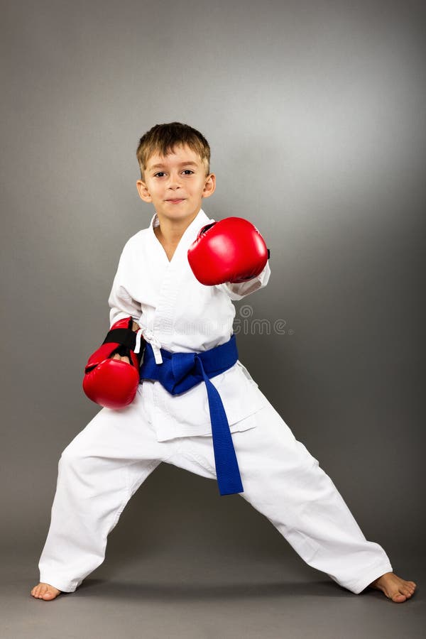 Little Boy with Red Gloves Training Karate Stock Photo Image of