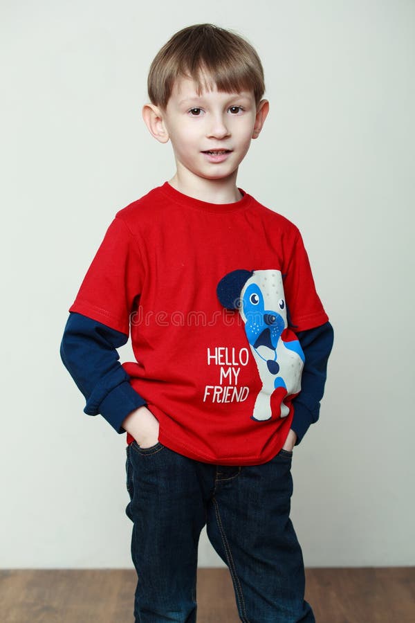 Little Boy in a Red Shirt, Hands in the Pockets Stock Image Image of