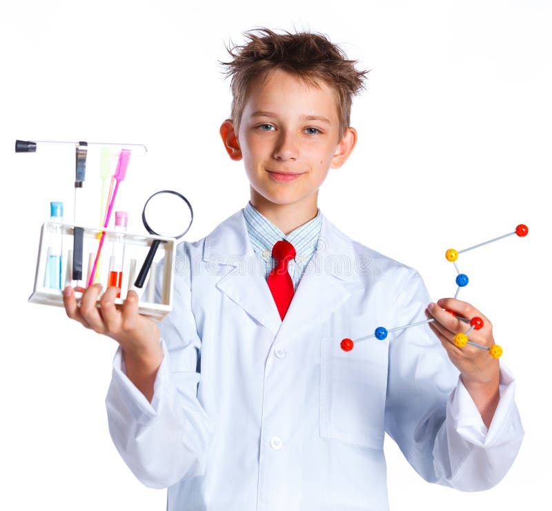 Little boy scientist in the laboratory with microscope and test tubes. Educational concept. Little boy scientist in the laboratory with microscope and test tubes. Educational concept.