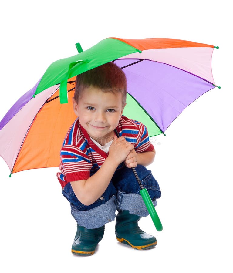 Little Boy Sitting Under Umbrella Stock Photo Image of isolated