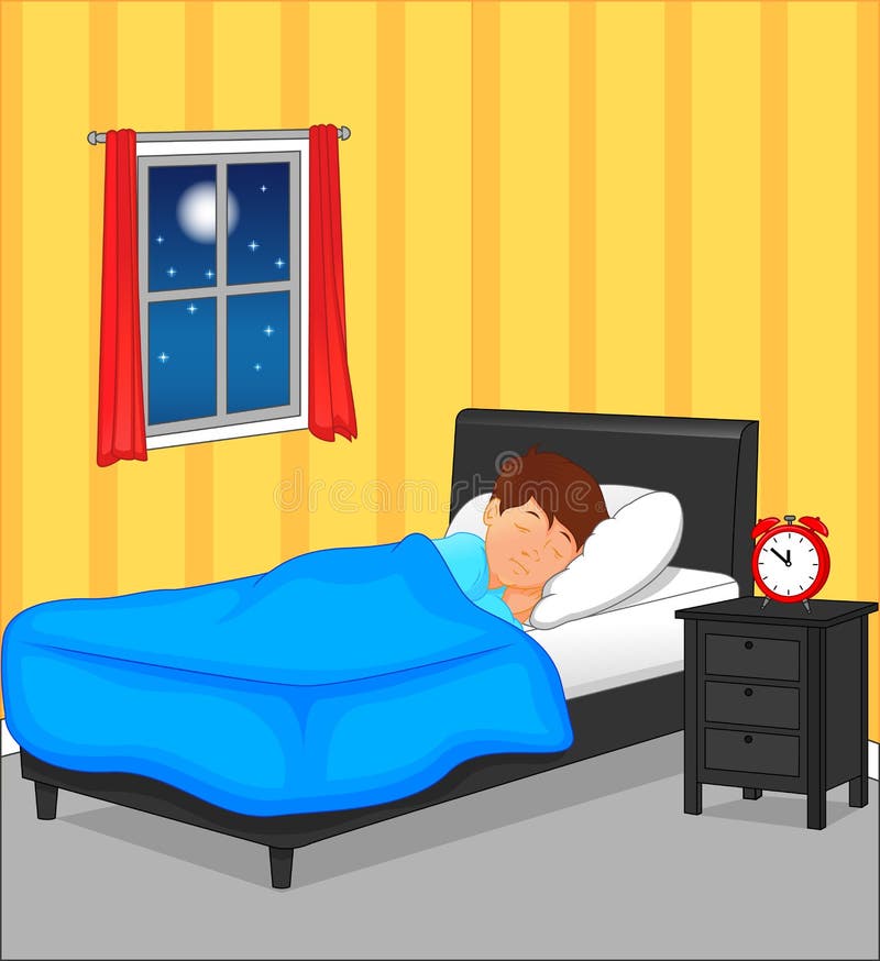 Little Boy Sleeping In Bedroom At Night Stock Vector Illustration Of