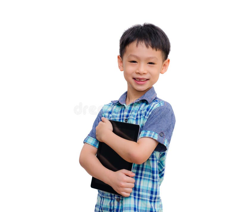 Little boy smiles with tablet computer