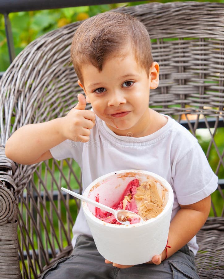 Little Boy with a Spoon Eating Ice Cream Stock Image - Image of spoon ...